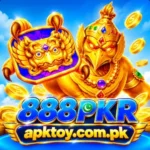 888PKR Game logo featuring a golden fantasy guardian with blue 3D text and apktoy.com.pk branding.